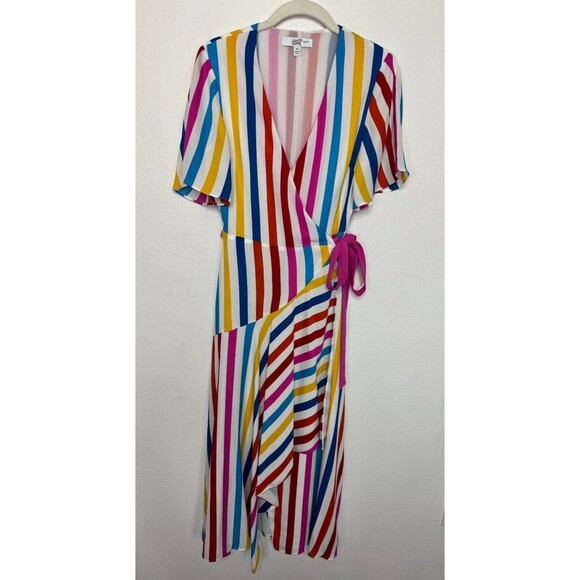 Color Me Courtney Size XS Taira Wrap Dress Rainbow Stripe V-Neck Flutter Sleeve - Picture 4 of 14